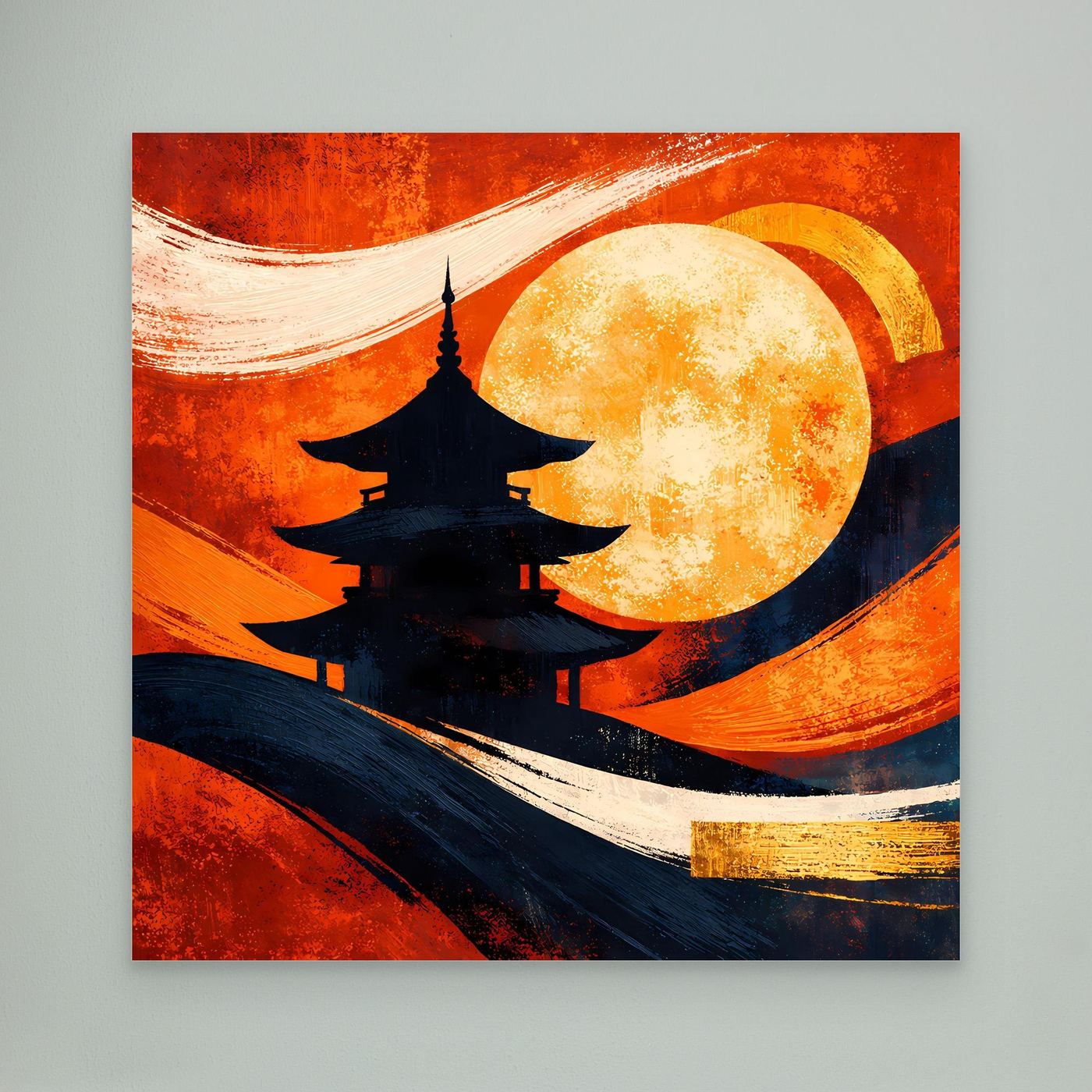 Leinwandbild mit Pagode-Silhouette und Vollmond, abstrakt in Rot-Orange und Blau