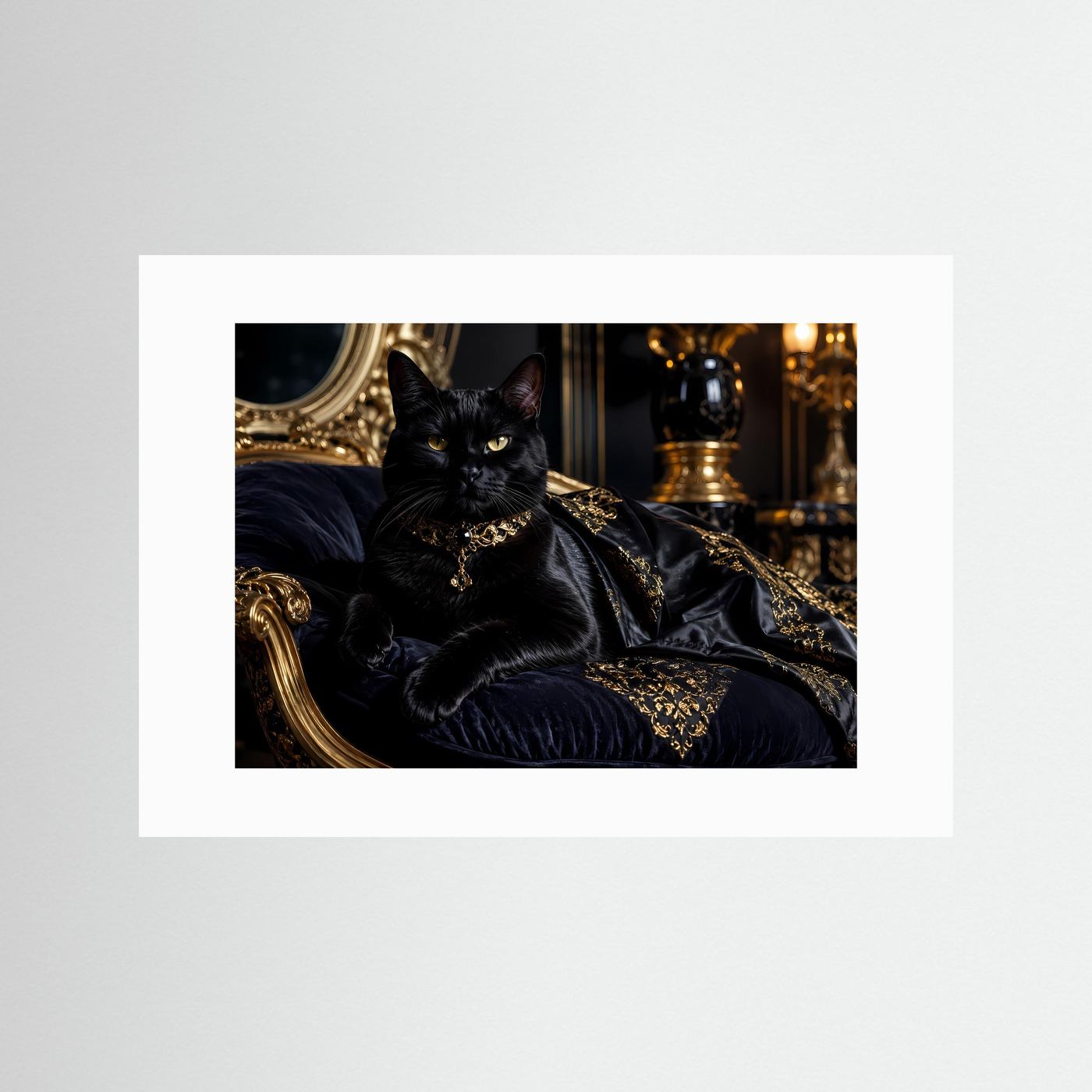 Majestätische schwarze Katze mit goldenem Schmuck | Luxus Tierporträt & Eleganz Poster