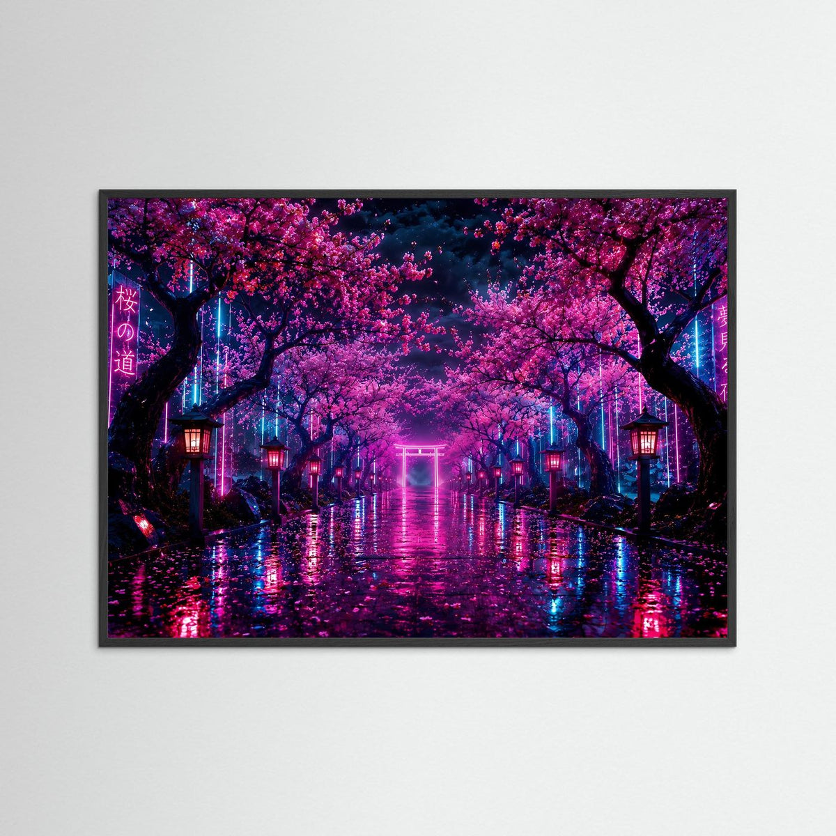 Gerahmtes Neon-Wandbild: Kirschblütenallee bei Nacht mit pinken Lichtern und Torii im Zentrum
