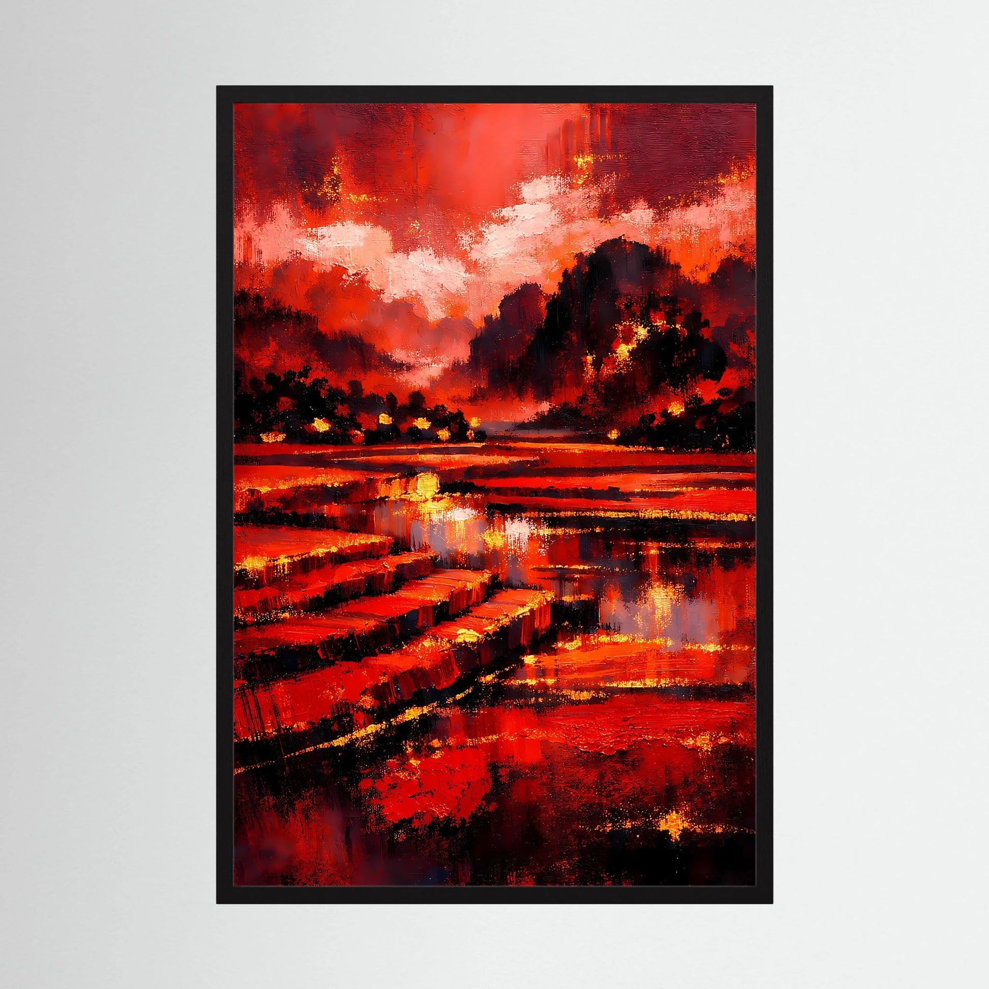 Kunstposter im Hochformat mit schwarzem Rahmen, abstrakte Rot-Schwarz-Landschaft