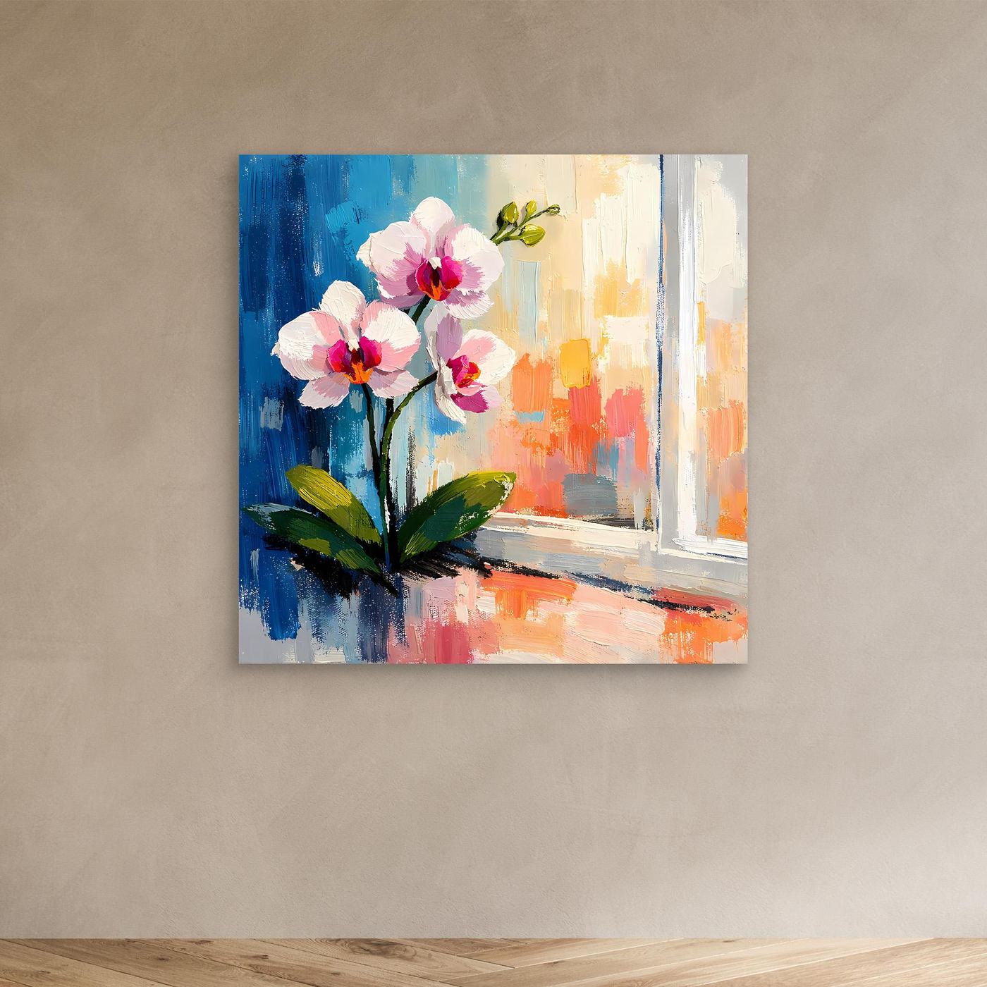Leinwandbild mit abstrakten Orchideen am Fenster, rosa Blüten, grüne Blätter, hellgrau gerahmt.
