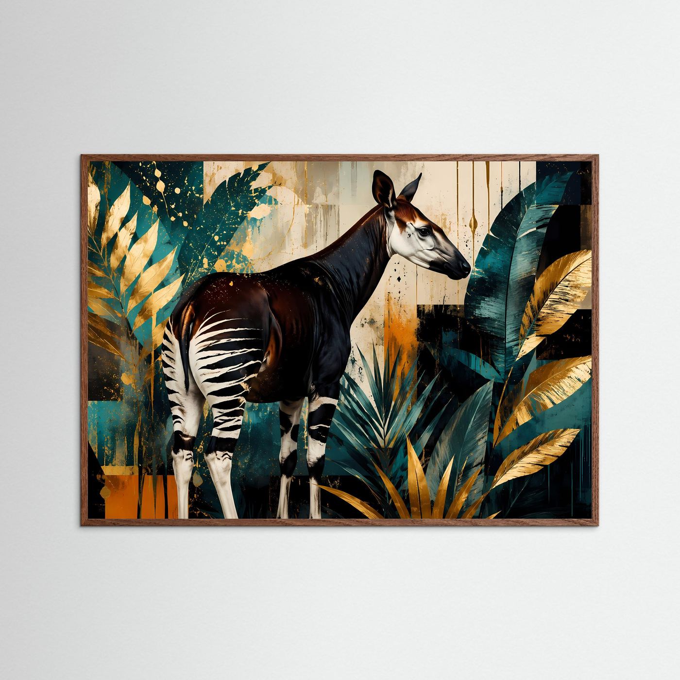 Anmutige Okapi im Dschungel-Farbspiel | Modernes Wildlife- & Dschungel-Poster Querformat