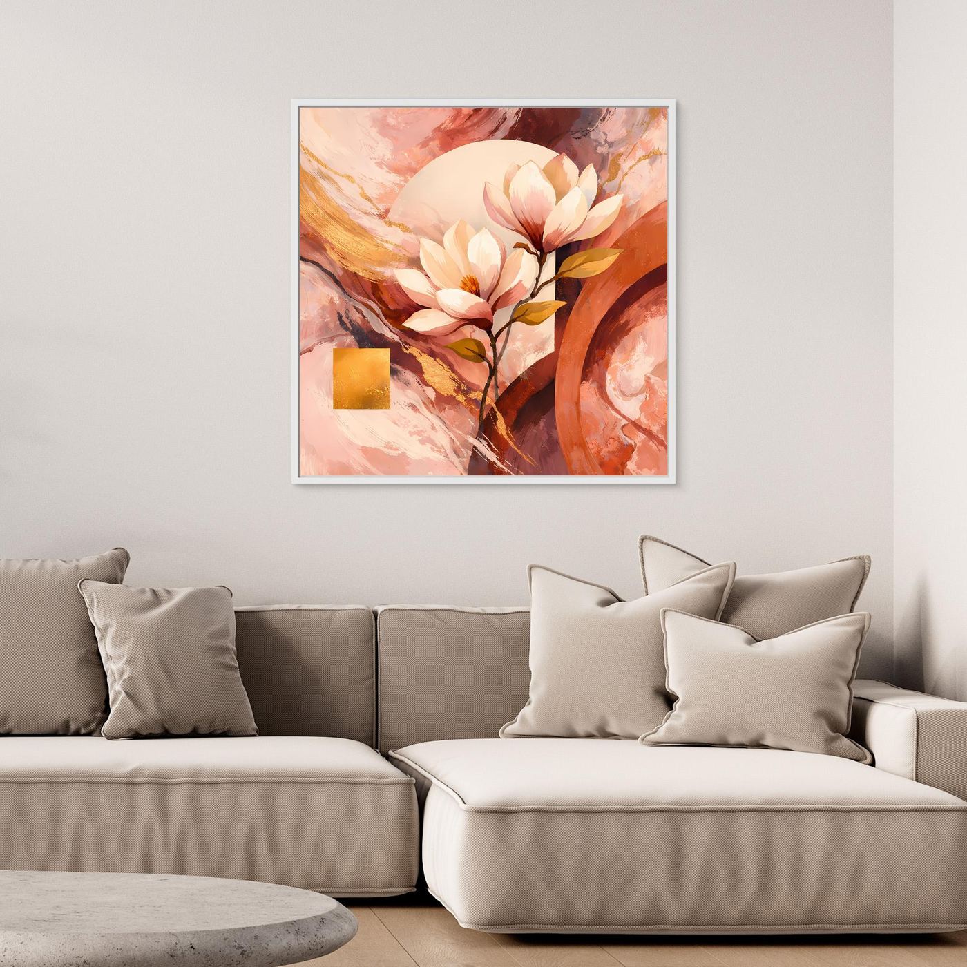 Leinwandbild mit Magnolien in Rosé- und Goldtönen, Rahmen in hellem Braunton
