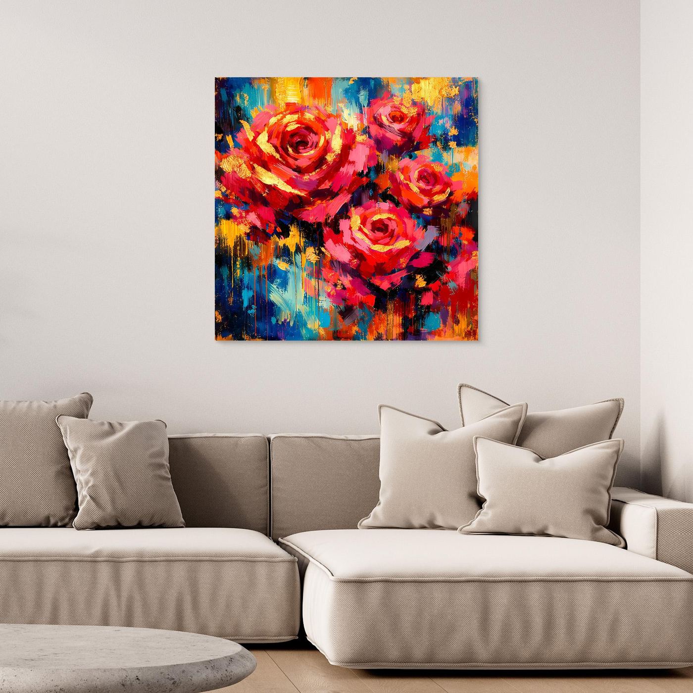 Leinwandbild mit abstrakten roten Rosen in buntem Farbmix