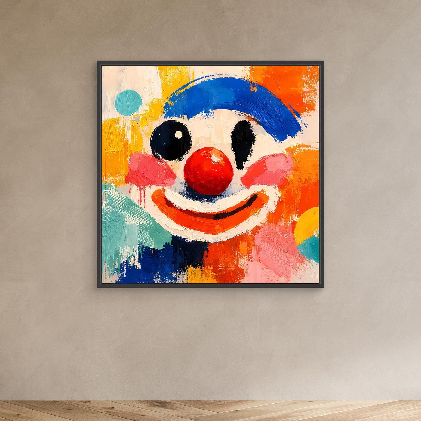 Leinwand-Wandbild mit Clown-Gesicht: rote Nase, blauer Hut, bunte Farbflächen, mit schwarzem Rahmen