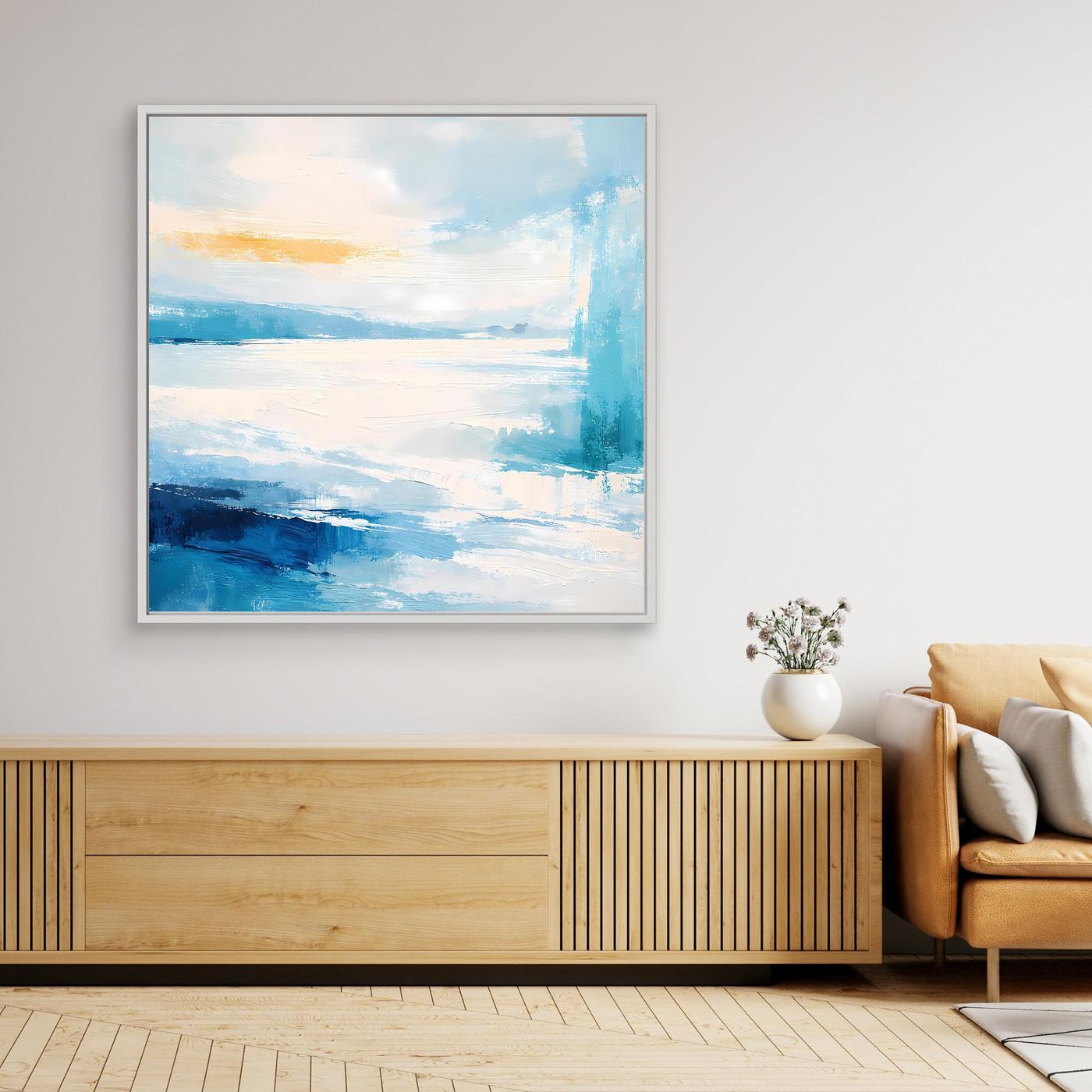 Wandbild mit maritimer Abstraktion in Blau und Weiß, weißer Rahmen