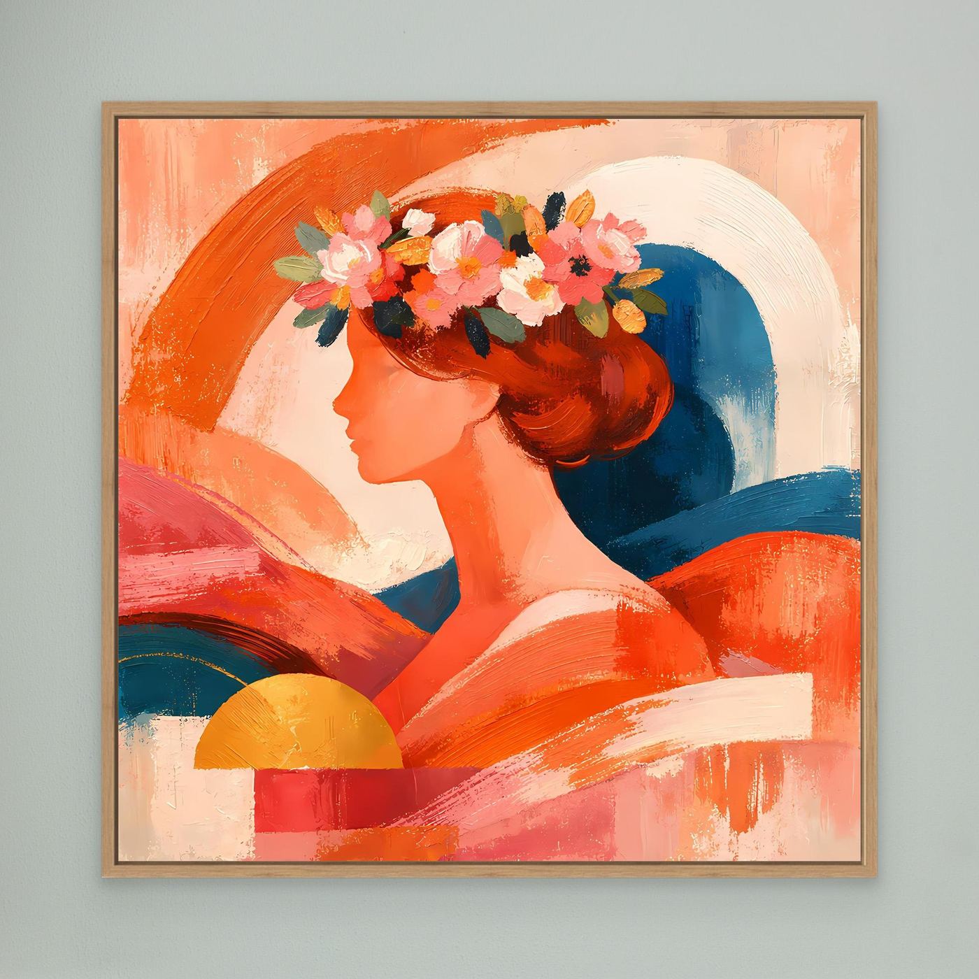 Leinwandbild mit Holzrahmen: abstraktes Frauenporträt im Profil, Blumen im Haar, Orange/Blau.