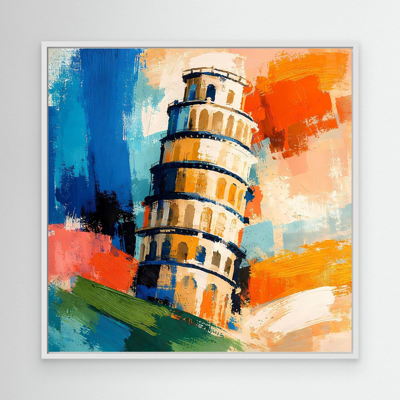Abstract canvas wall art of Pisa tower with blue, orange, and green paint strokes in white frame.