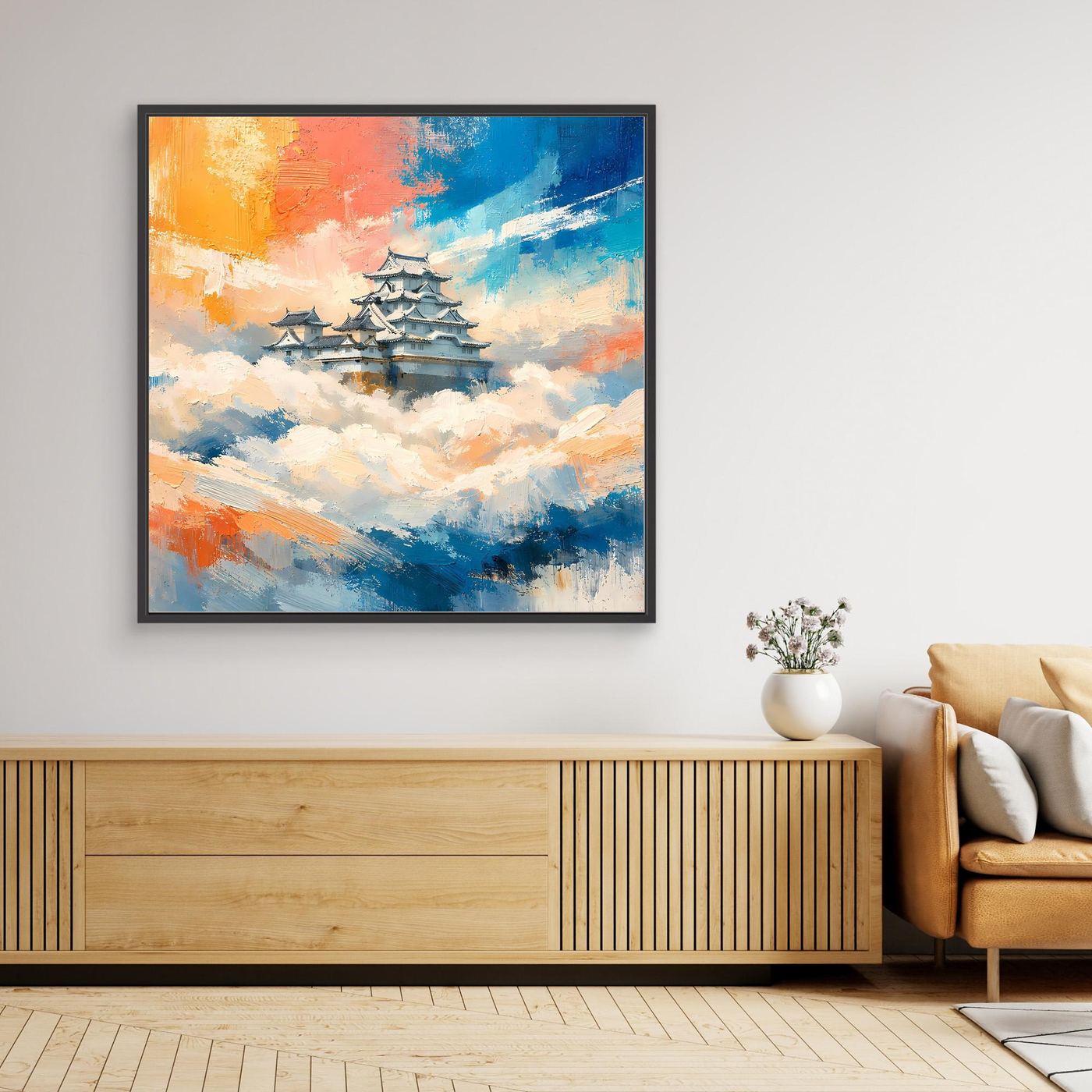 Leinwand Traditionelle Japanische Burg über den Wolken | Fernöstliches Wandbild auf echter Leinwand