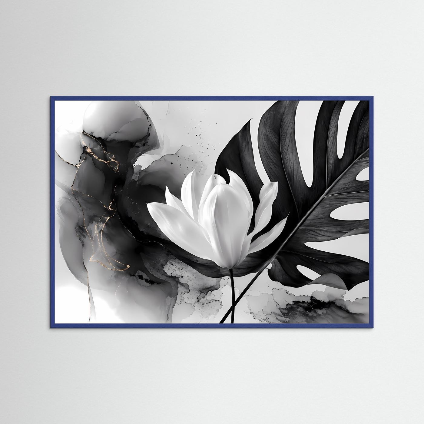 Schwarz Weiß Lotus Poster | Monstera Botanical Wandkunst | Minimalistische Blumen Kunst | Moderne Leinwand | Monochrome Natur mit Goldakzenten