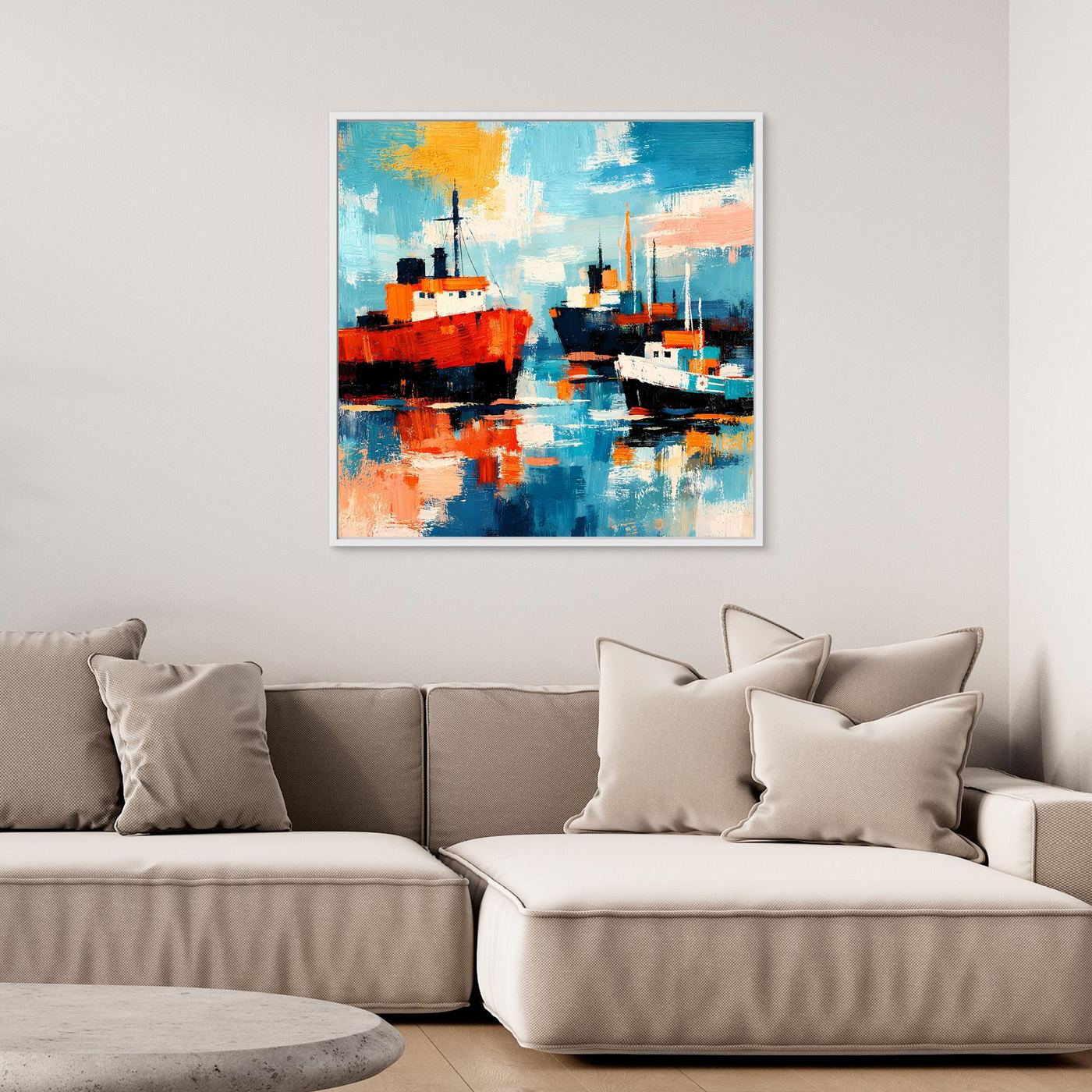 Maritimes Leinwand-Wandbild mit zwei Schiffen im abstrakten Farbspiel, weißer Rahmen.