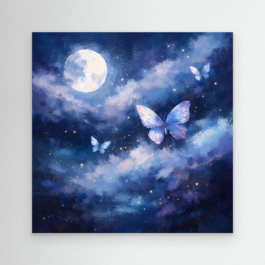Leinwand-Wandbild mit Mond und Schmetterlingen im Sternenhimmel, ohne Rahmen