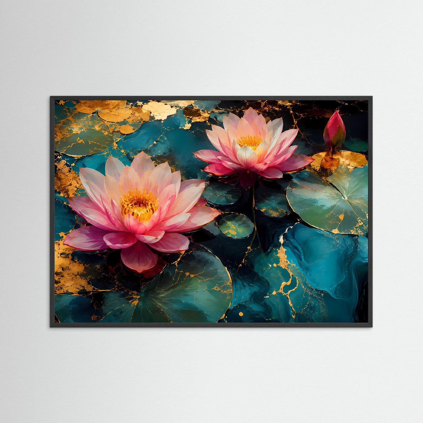 Wandbild mit zwei Seerosen in Pink und Gold auf blaugrünen Seerosenblättern