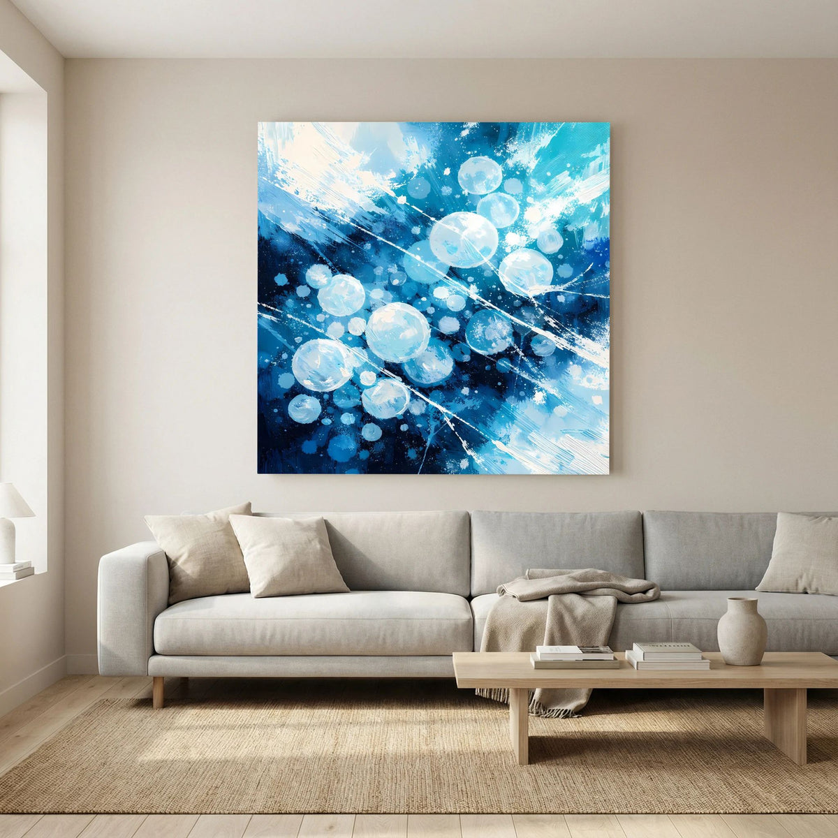 Quadratisches Leinwand-Wandbild mit blauen Blasen, schrägen Strukturen und weißen Reflexen.