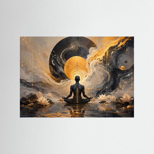 Nahansicht Meditationsposter: sitzende Figur, goldene Aura und schwarze Wirbelwolke