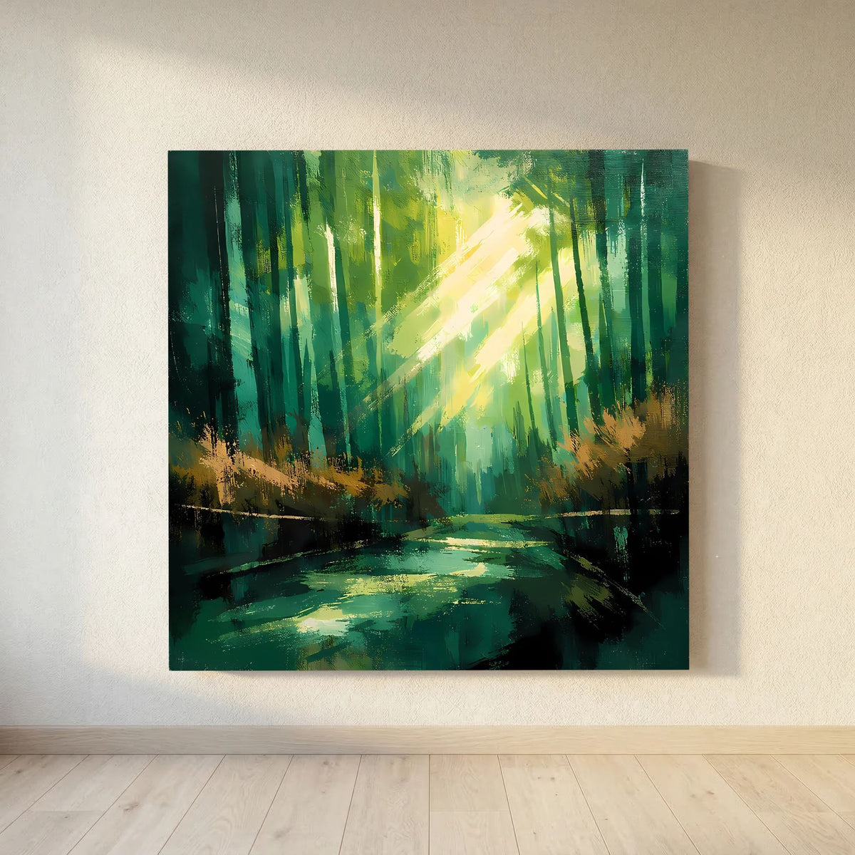 Leinwand-Wandbild im Waldstil: grüne Farbflächen, Lichtkegel und dunkle Uferlinie