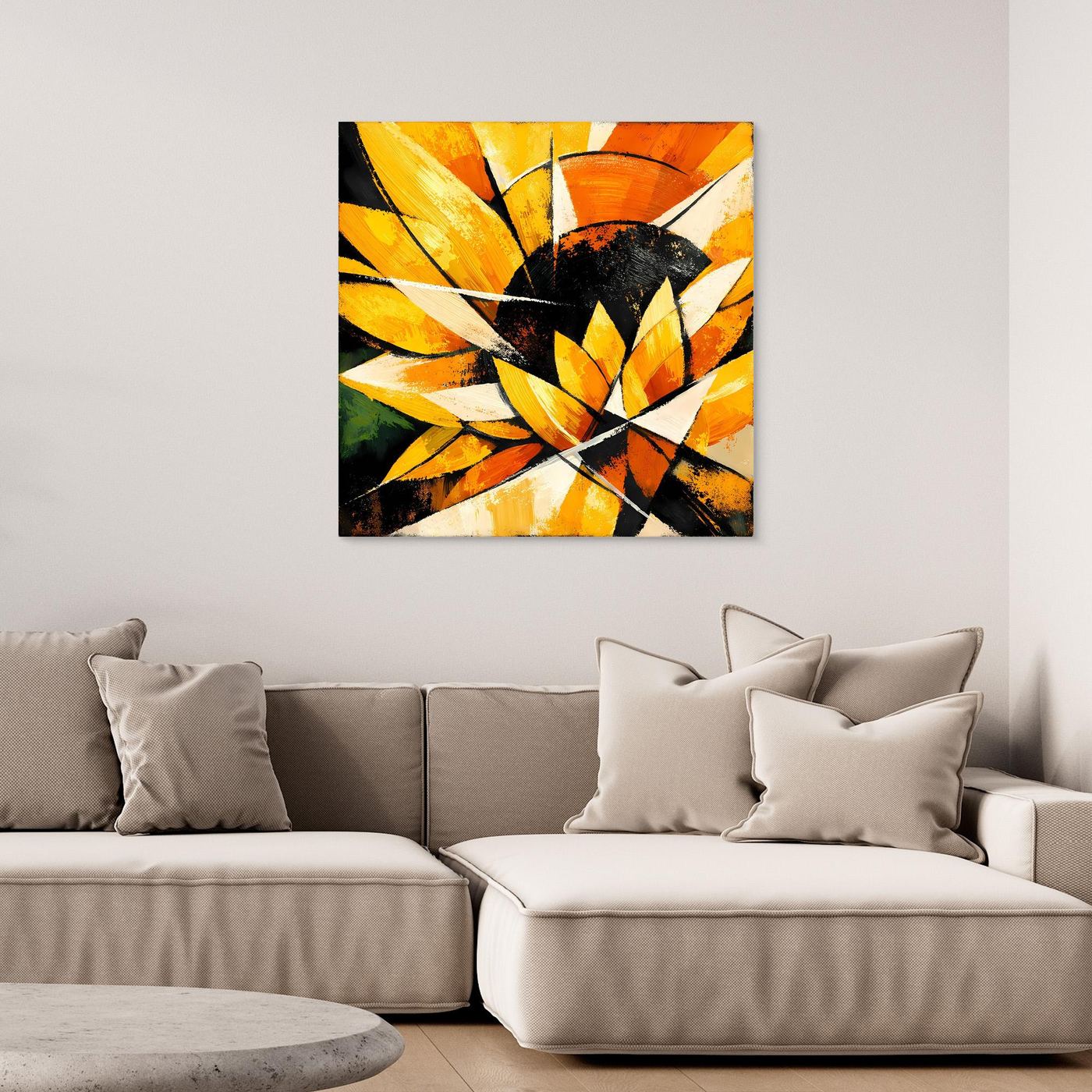 Leinwandbild Sonnenblume in Gelb und Orange, abstrakt mit schwarzem Hintergrund, schwarzer Rahmen