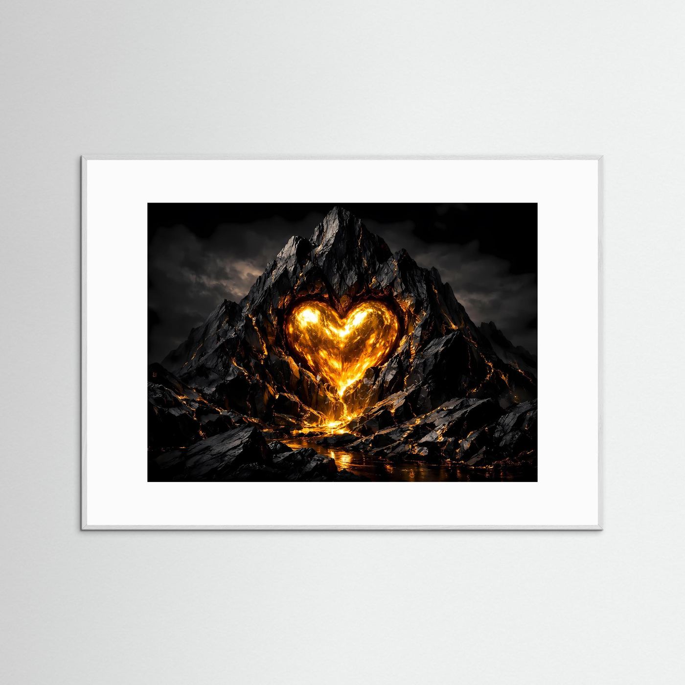 Glühendes Vulkanherz im Fels massiv | Feurige Magma Kunst & Herz Wandbild Querformat