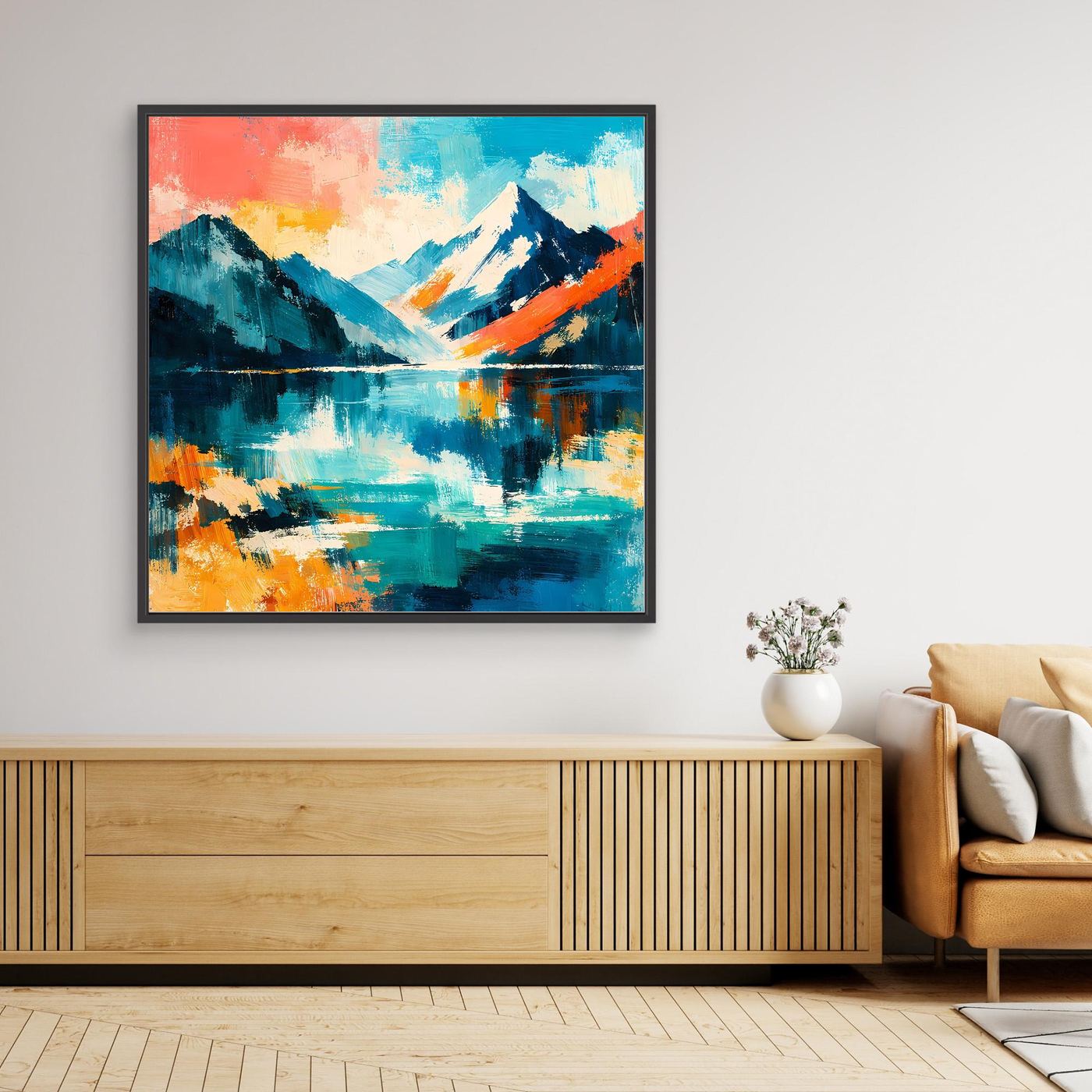 Modernes Leinwand-Wandbild mit abstrakter Berg- und Seeszene, schwarzer Rahmen