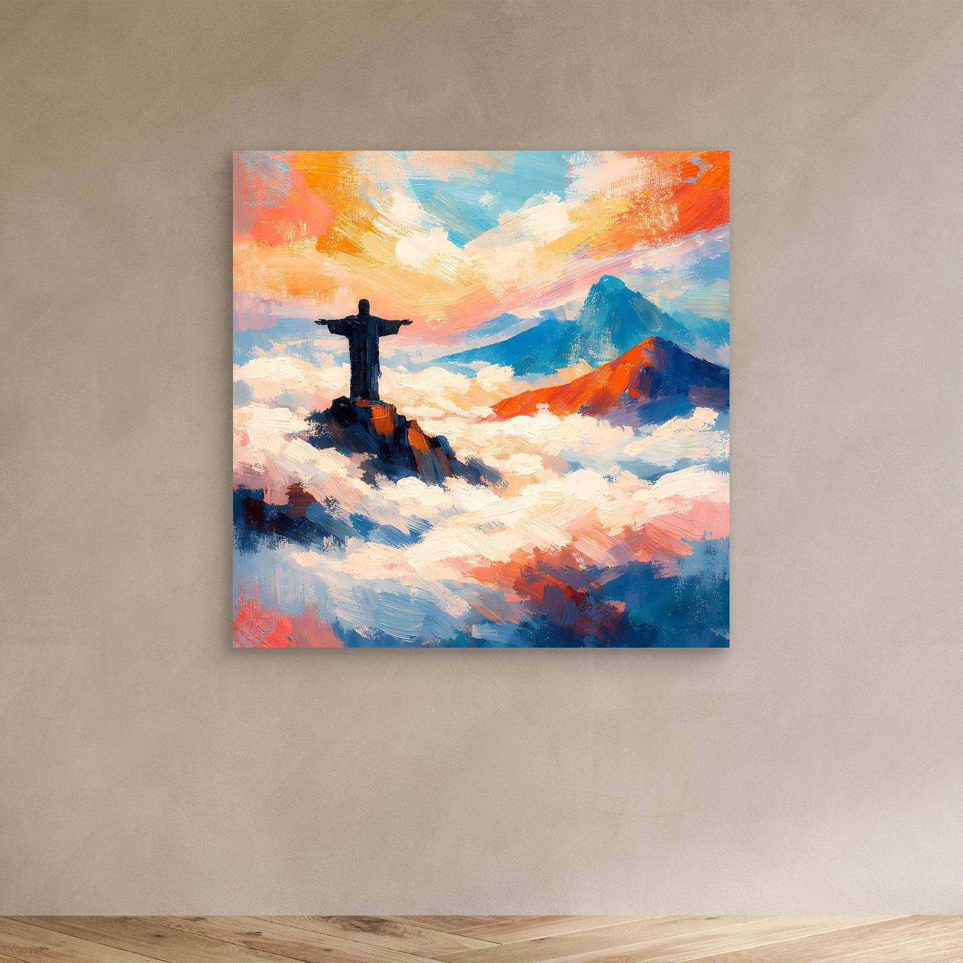 Leinwand-Wandbild mit Kreuzfigur über Wolken und Bergen, blau-bunt