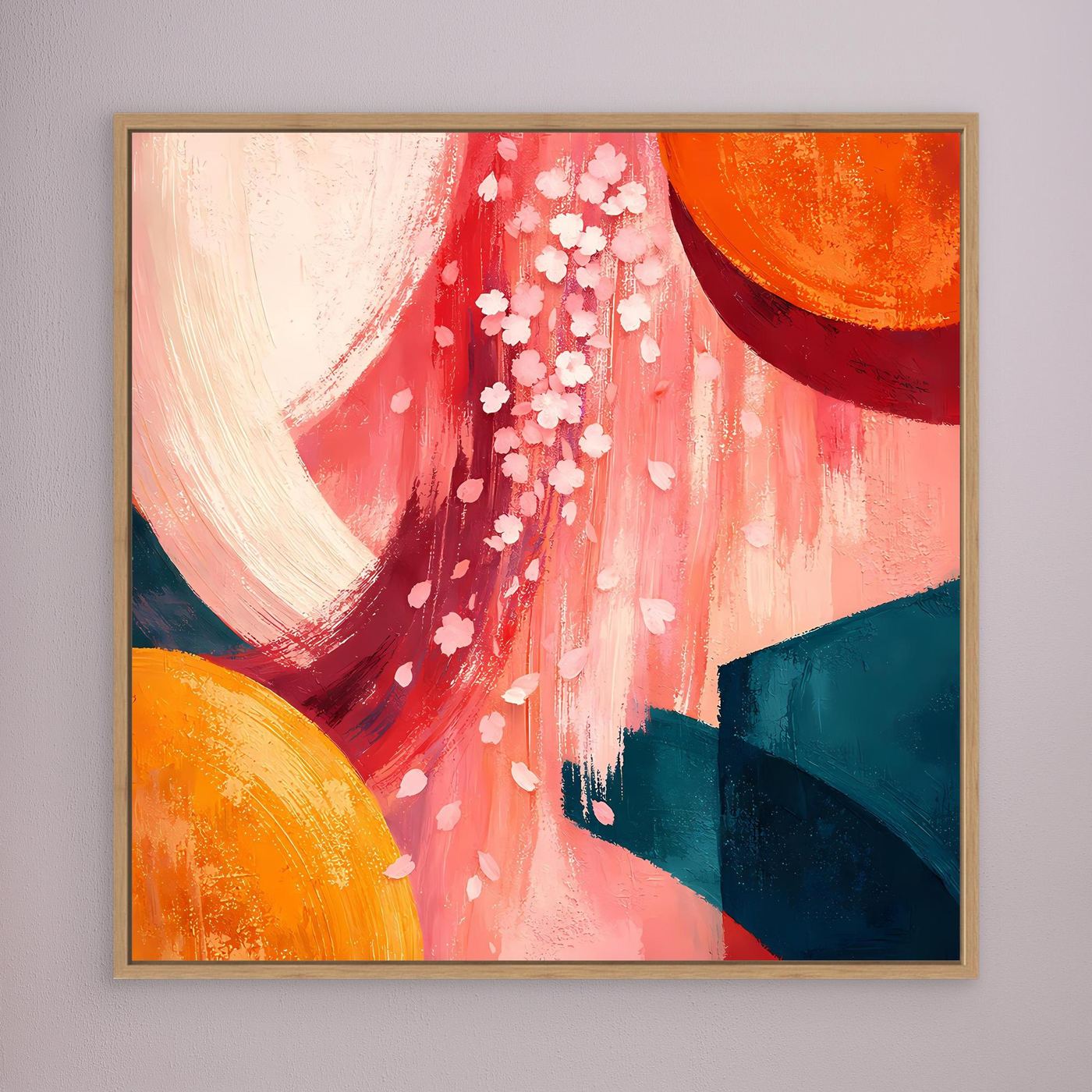 Leinwandbild abstrakte Kirschblüten in Rot, weiße Blüten; Orange und Blaugrün, braun gerahmt