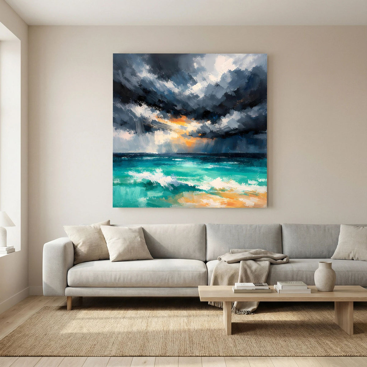 Leinwand-Wandbild mit Rahmen: dunkle Wolken über türkisfarbenem Wasser, orangefarbene Reflexe.