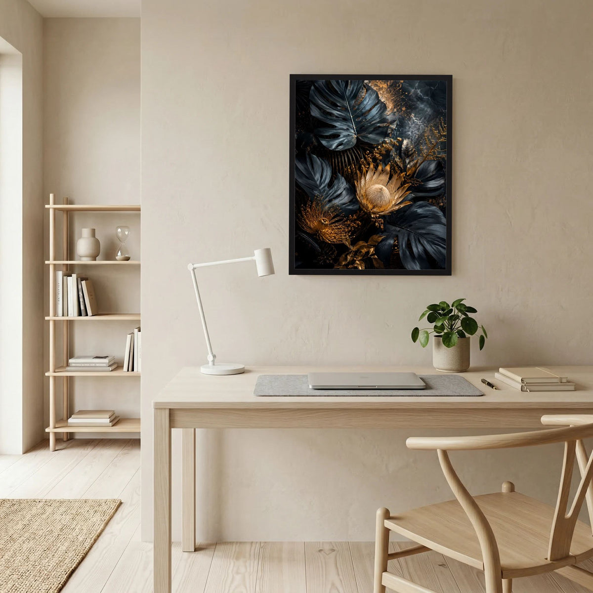 Hochformatiges Kunstposter im schwarzen Rahmen mit schwarzen Monstera-Blättern und Gold