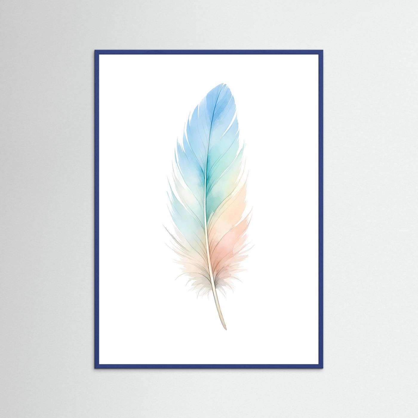 Poster mit Aquarell-Feder im Pastellverlauf von Blau bis Pfirsich im blauen Rahmen, hochkant