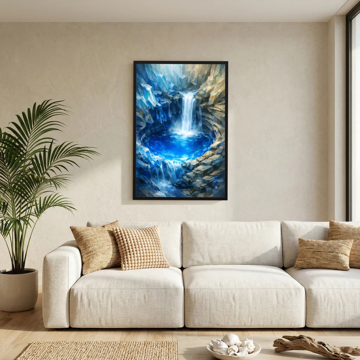 Poster im Hochformat mit abstraktem Wasserfall in Blau/Türkis, schwarzer Rahmen