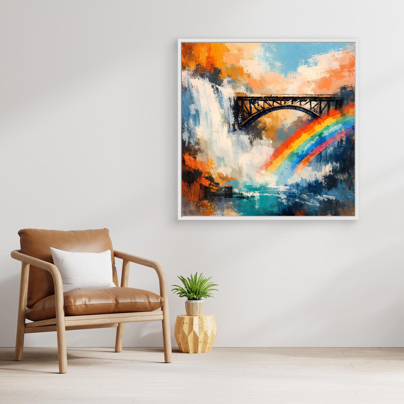 Wandbild mit Wasserfall, Brücke und Regenbogen, rechteckig, silberner Rahmen