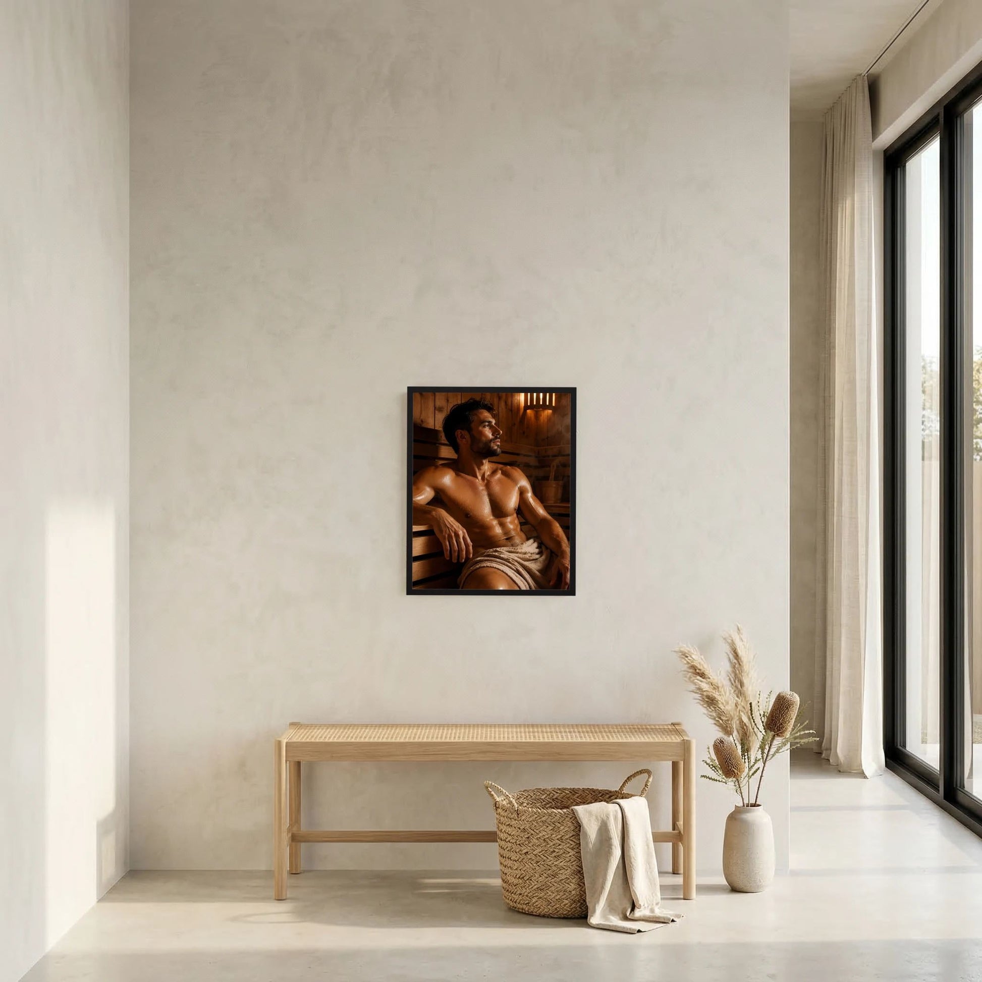 Wandbild im Hochformat mit schwarzem Rahmen: Mann in der Sauna, Handtuch um die Hüften