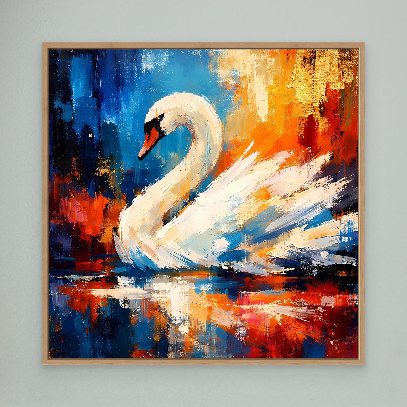 Leinwandbild mit weißem Schwan, abstraktes Farbspiel, Holzrahmen in Eiche