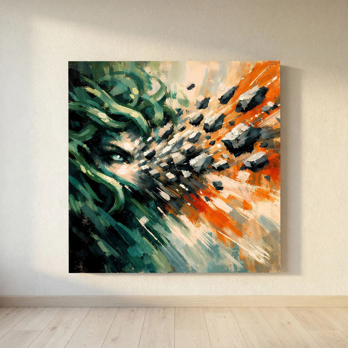 Abstraktes Leinwandbild mit Medusa-Motiv, grüne und orange Farbspritzer, dunkle Akzente