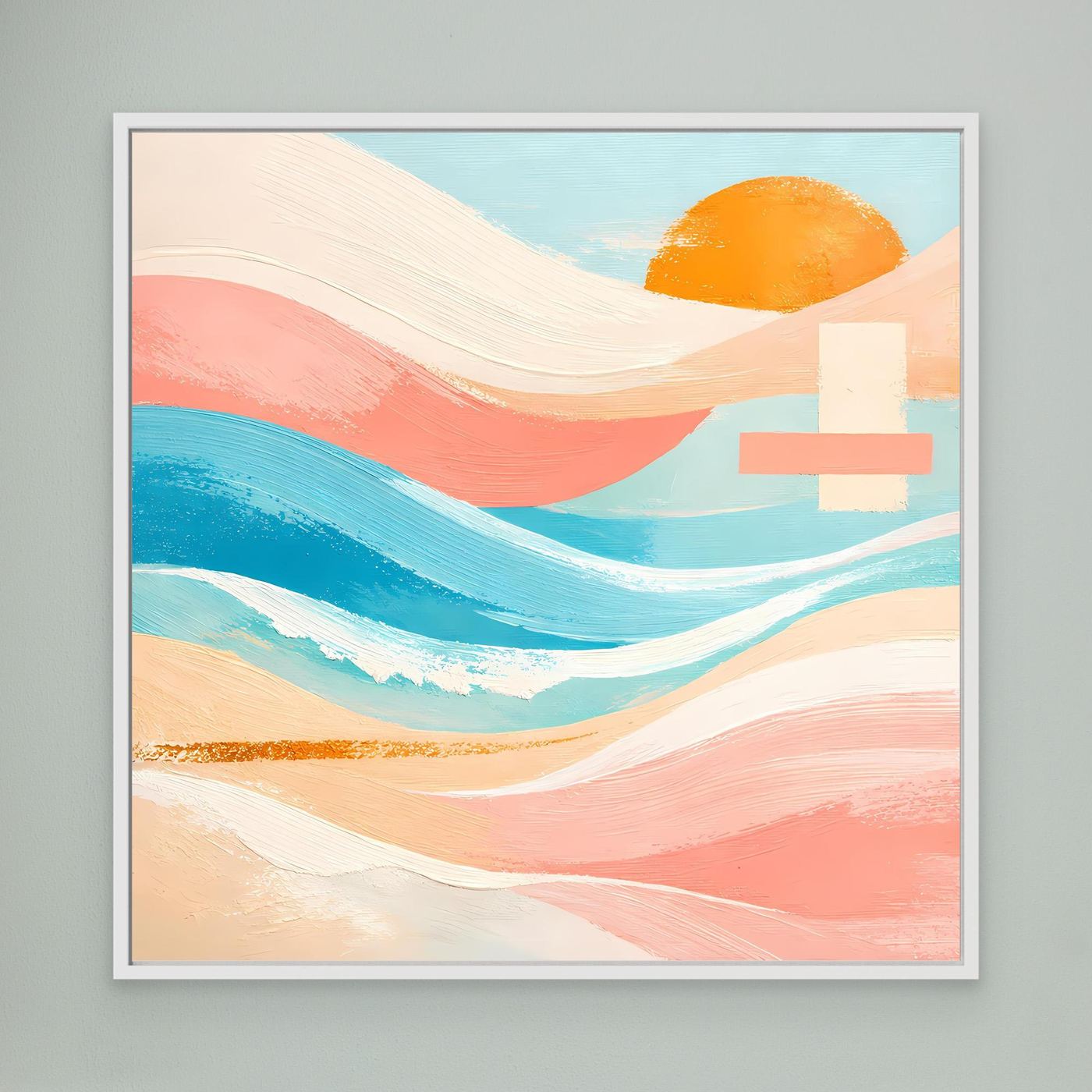 Leinwandbild mit abstrakten Meereswellen in Pastellfarben und orangefarbener Sonne, weiß gerahmt