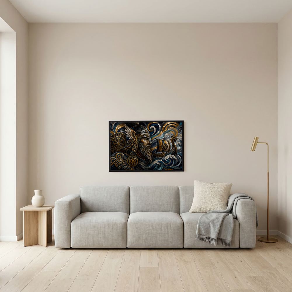 Querformat-Poster mit Wikingerkrieger-Motiv und Runen, ohne sichtbaren Rahmen