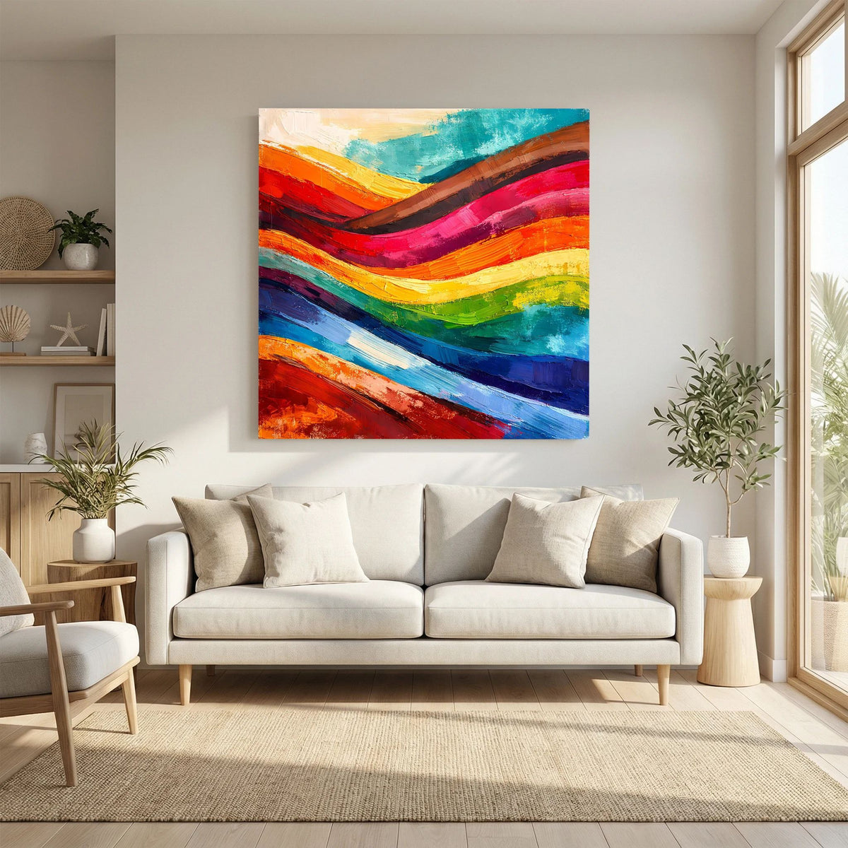 Abstraktes Leinwandbild über dem Sofa: breite, geschwungene Pinselstriche in knalligen Farben.