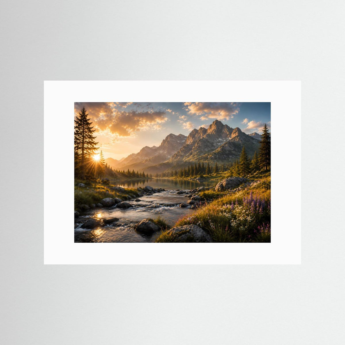 Poster im weißen Passepartout mit Bergsee bei Sonnenuntergang: Berge, Tannen, Wildblumen
