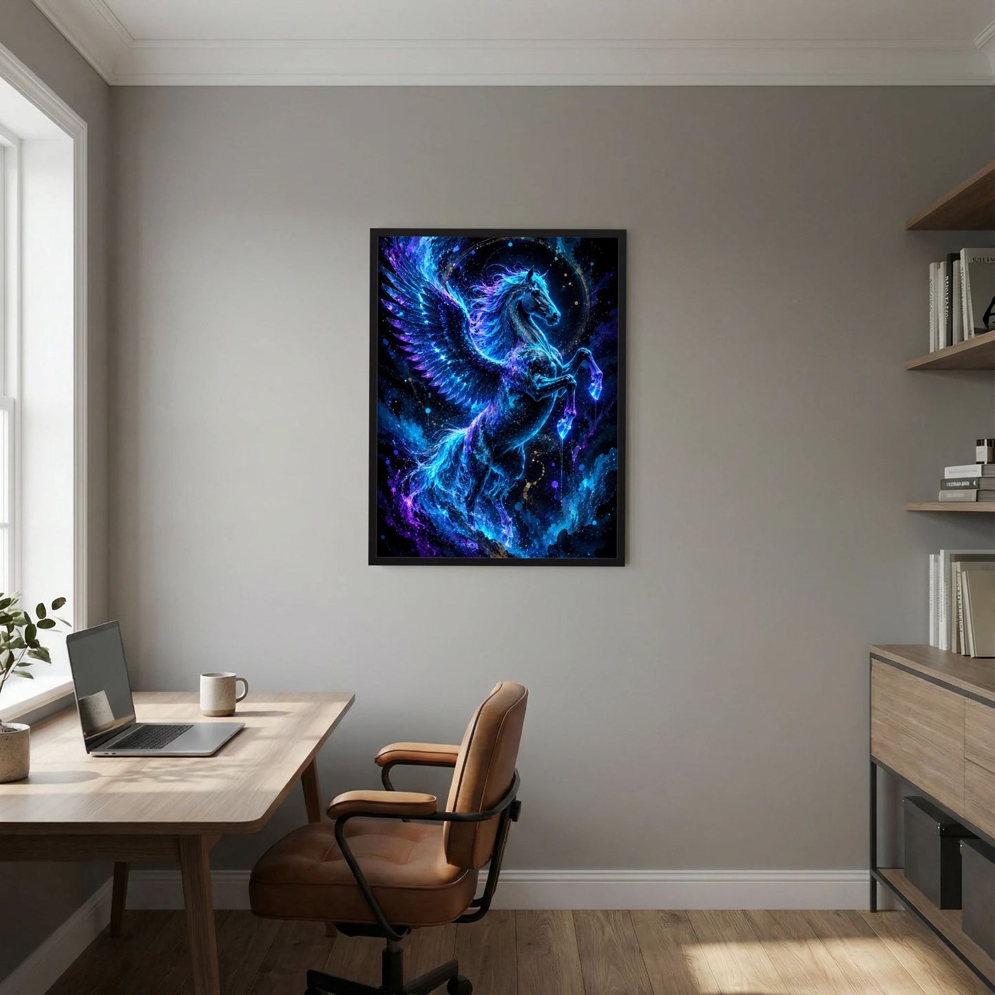 Quadratisches Poster mit Pegasus-Motiv in Neonblau und Violett, schwarzer Rahmen