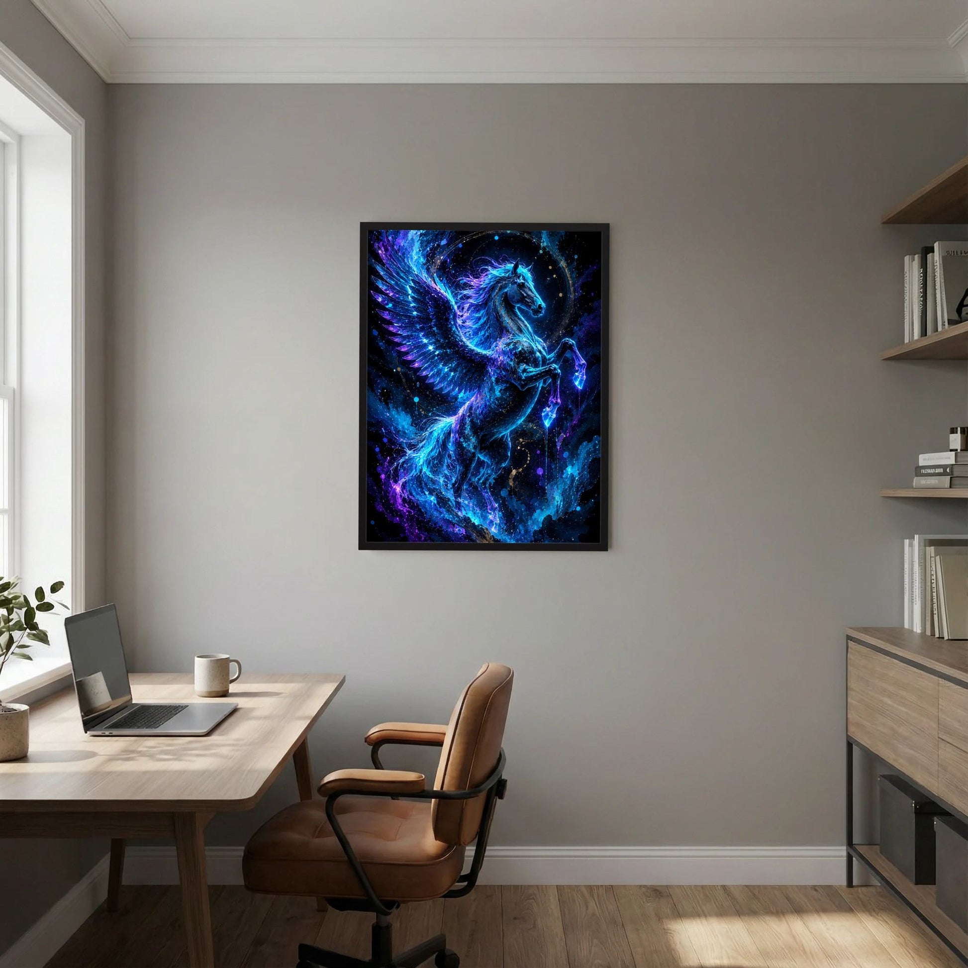 Quadratisches Poster mit Pegasus-Motiv in Neonblau und Violett, schwarzer Rahmen