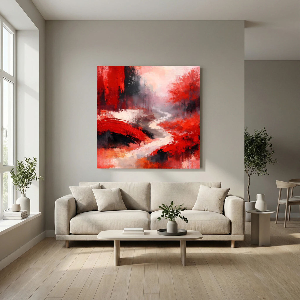 Abstraktes rotes Wandbild mit Fluss und Brücke, heller Pfad, schwarz-grauem Nebel