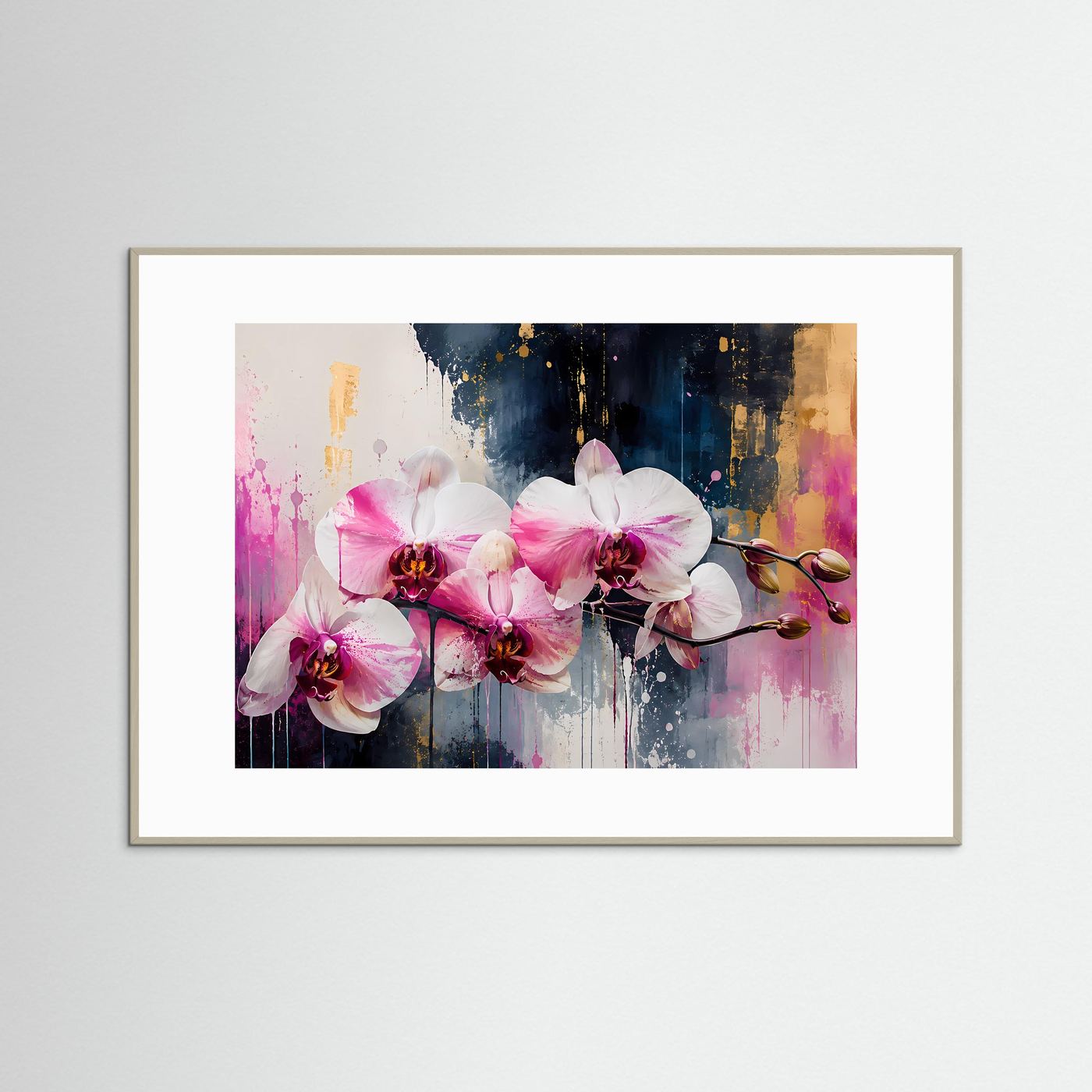 Elegante Rosa Orchideen in Gold | Modernes Florales Wandbild Querformat