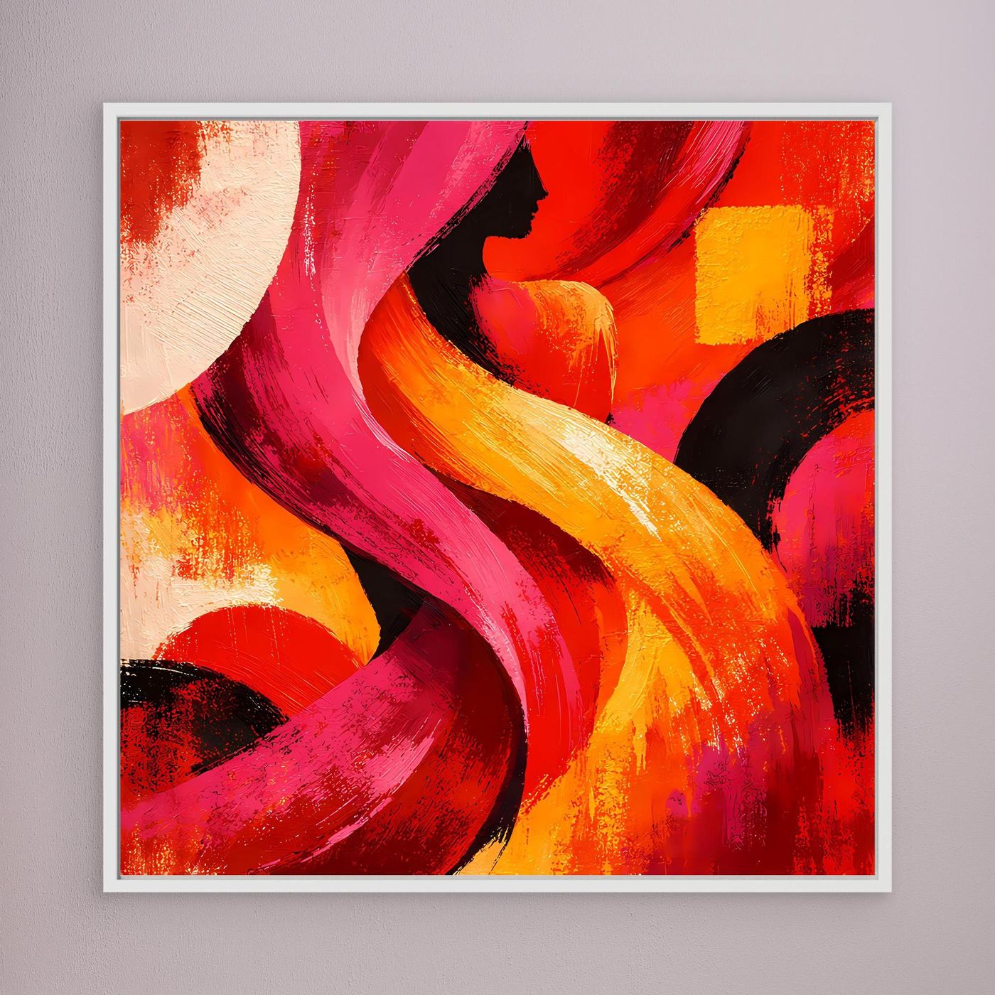 Leinwandbild mit abstrakter Frauensilhouette, gelb-orange und pinke Pinselstriche, weiß gerahmt.
