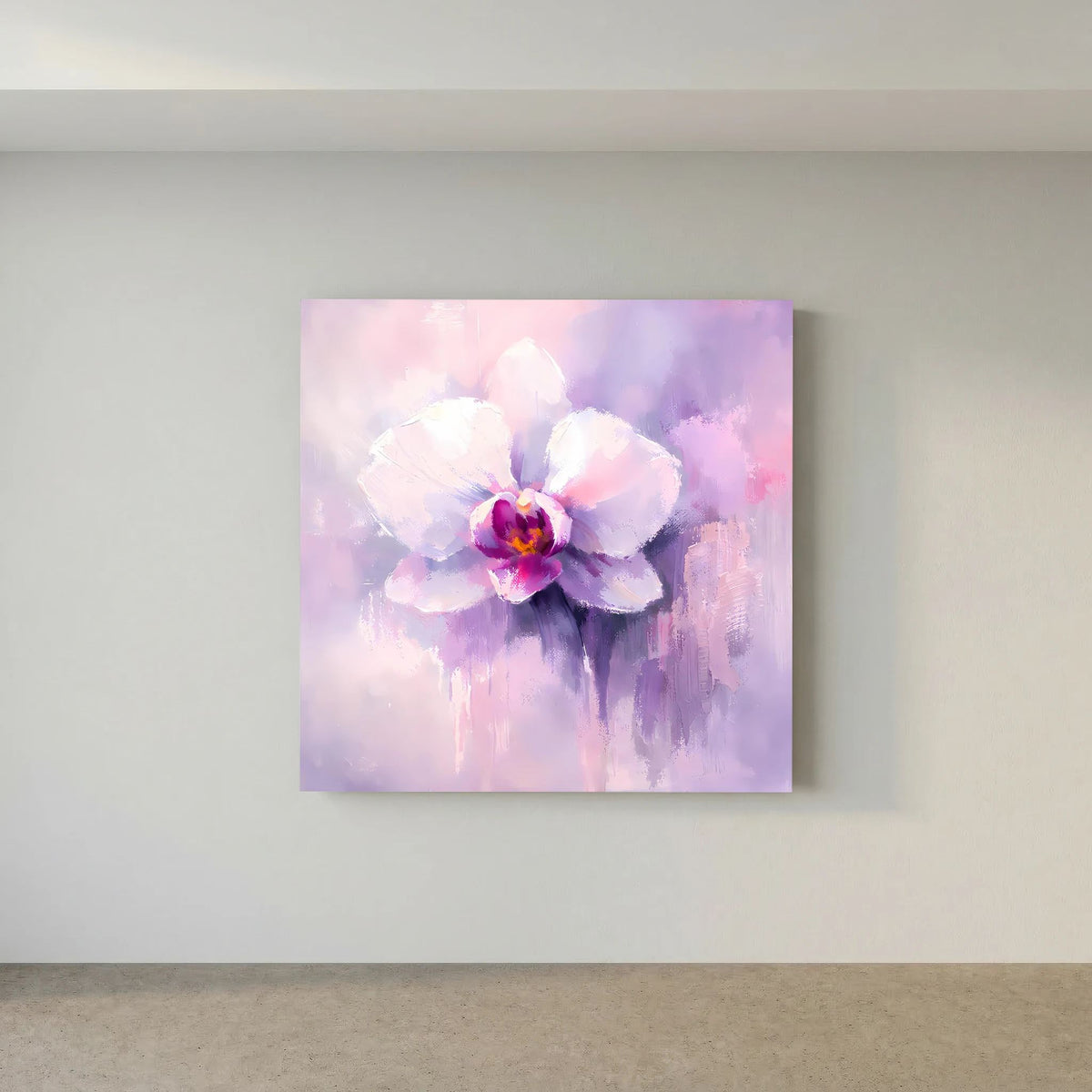Leinwand-Wandbild mit abstrakter Orchideenblüte in Pastellfarben, violett und pink