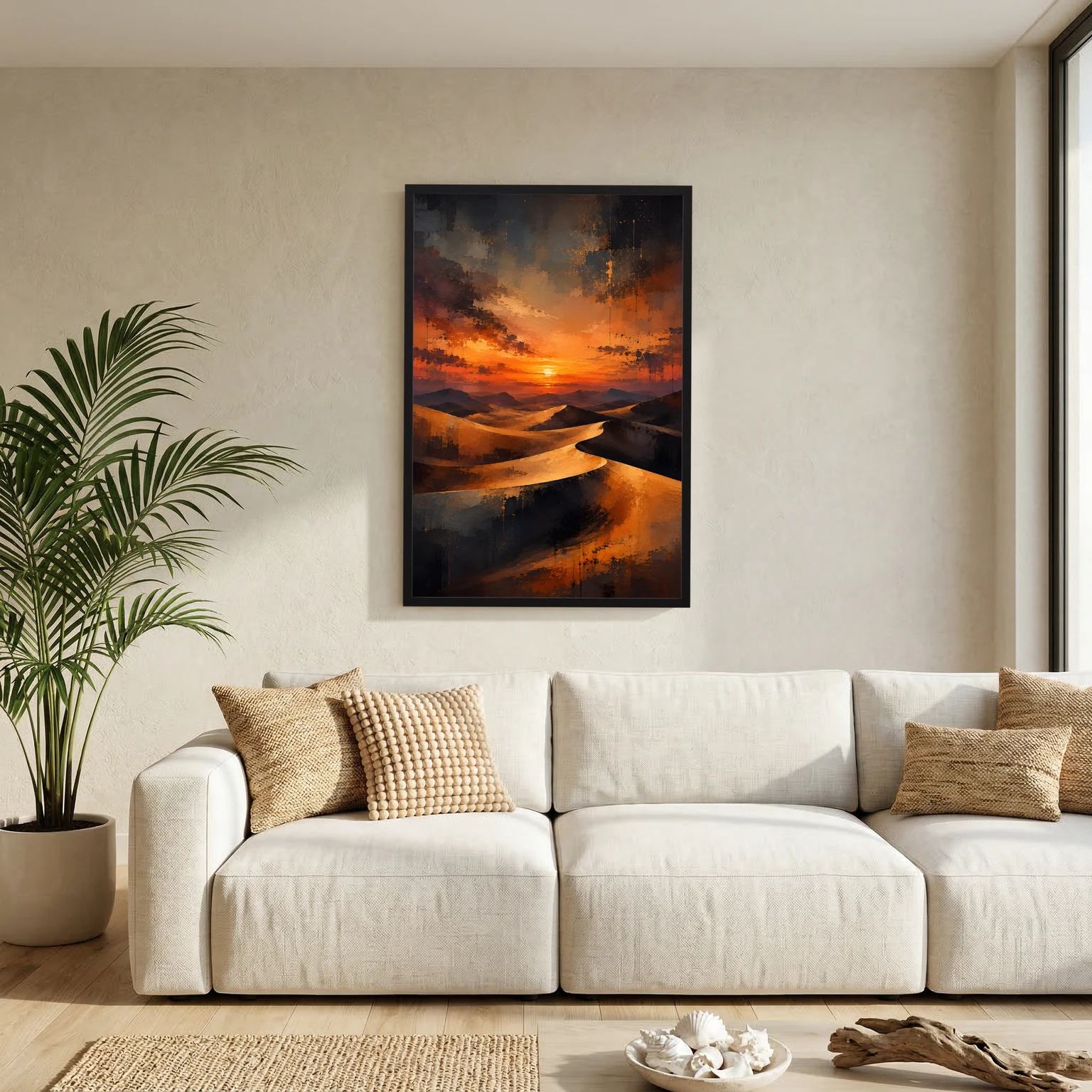 Wandposter mit abstrakten Sanddünen im Sonnenuntergang, im Wohnraum an Wand