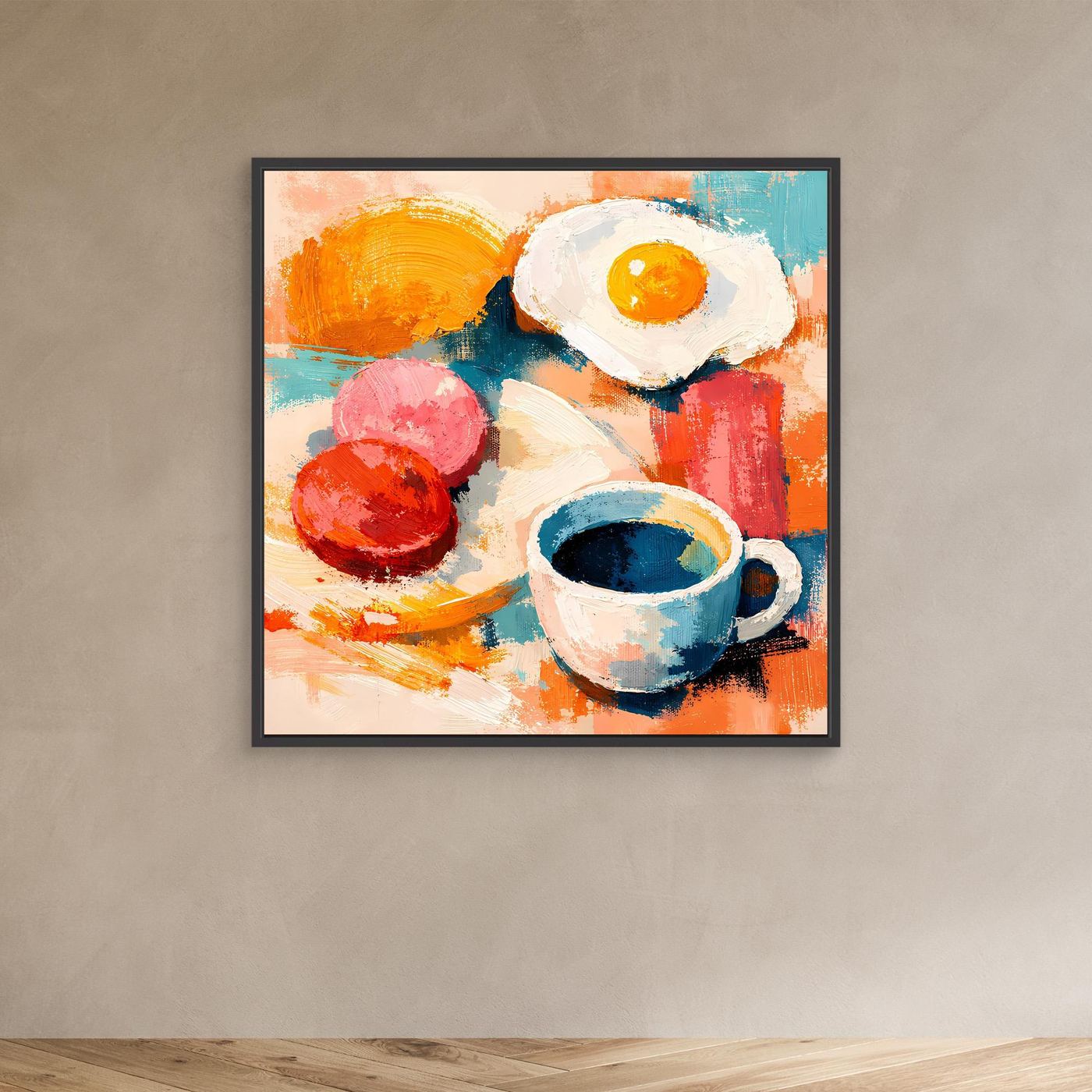 Abstraktes Frühstück-Wandbild mit schwarzem Rahmen: Spiegelei, blauer Kaffeebecher, rote Früchte