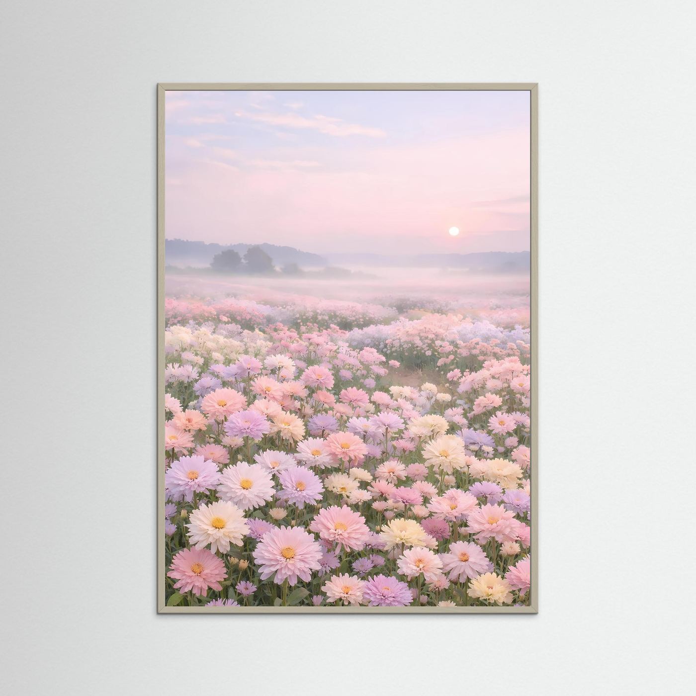 Florales Poster mit Blumenmeer bei Sonnenaufgang, grauer Rahmen, hochformat