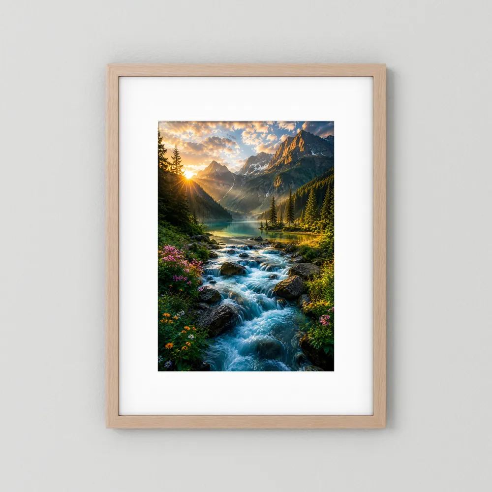Hochformat-Poster im hellen Holzrahmen mit weißem Rand: Gebirgsbach und Berggipfel
