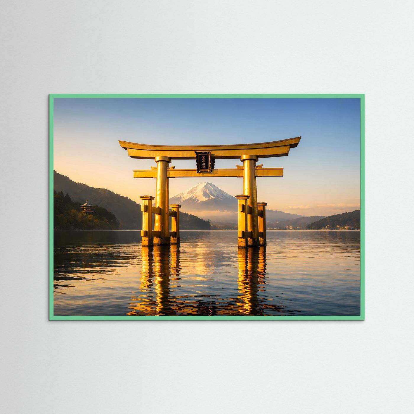 Japan-Wandposter mit goldenem Torii-Tor, Berg Fuji und Sonnenuntergang, grün gerahmt