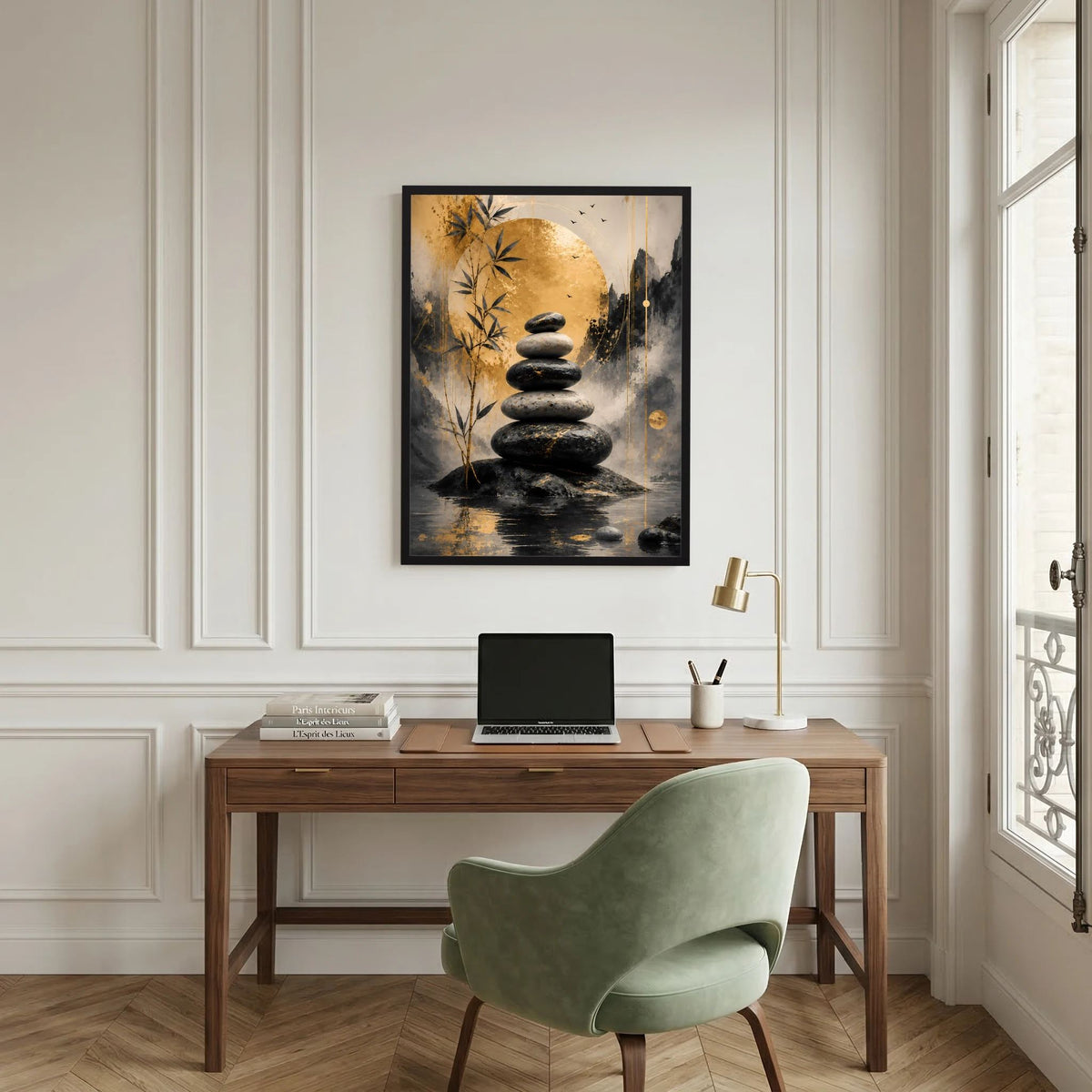 Gerahmtes Hochformat-Poster mit schwarzem Steinstapel und Bambus, goldene Farbflächen und Schatten