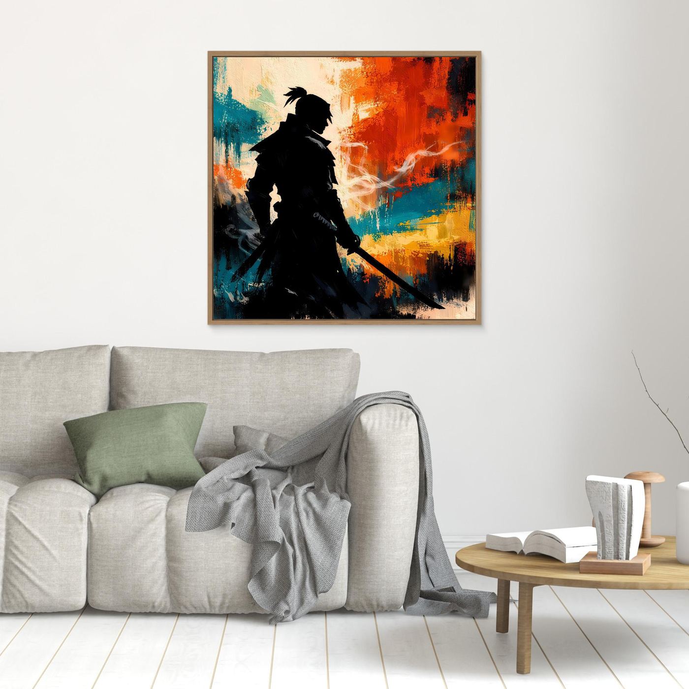 Wandbild mit Samurai-Silhouette und abstrakten Farbflecken, brauner Rahmen
